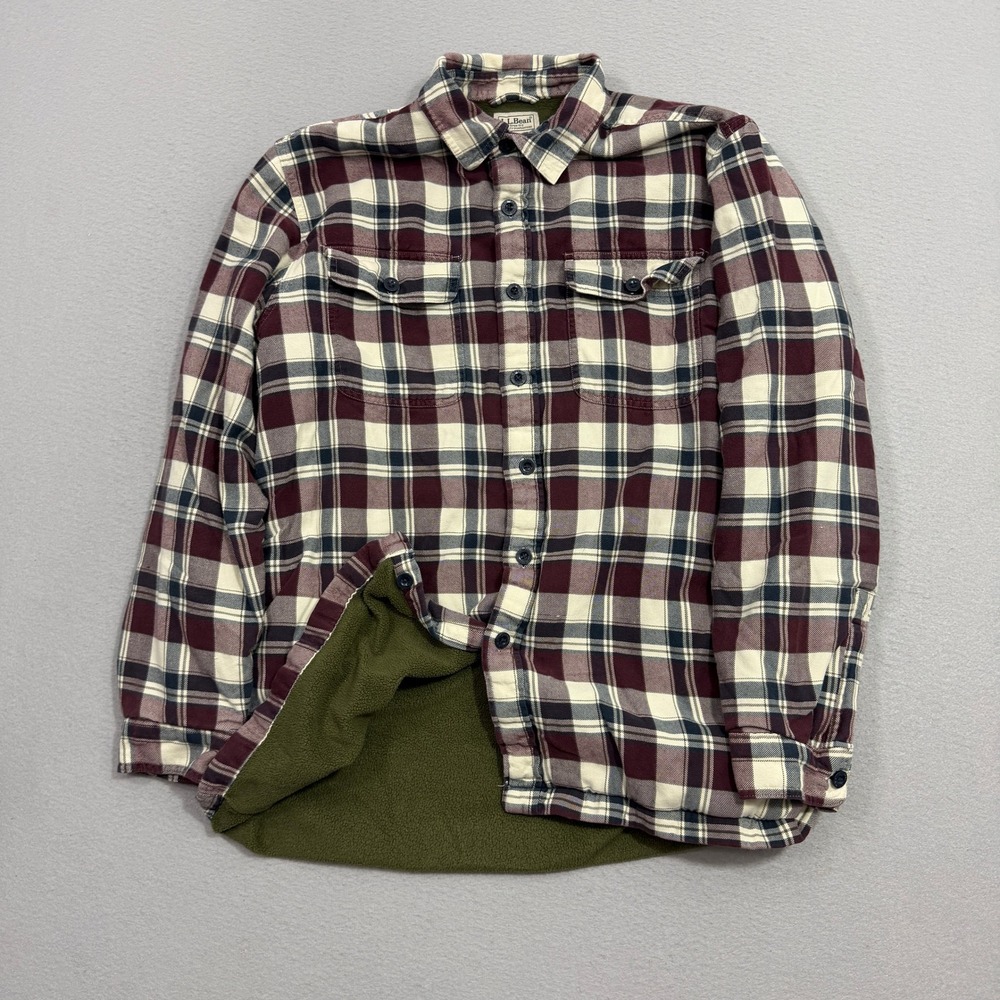 LL Bean Flannel Shirt Men Large Maroon Plaid Fleece Lined Traditional Fit 298189
